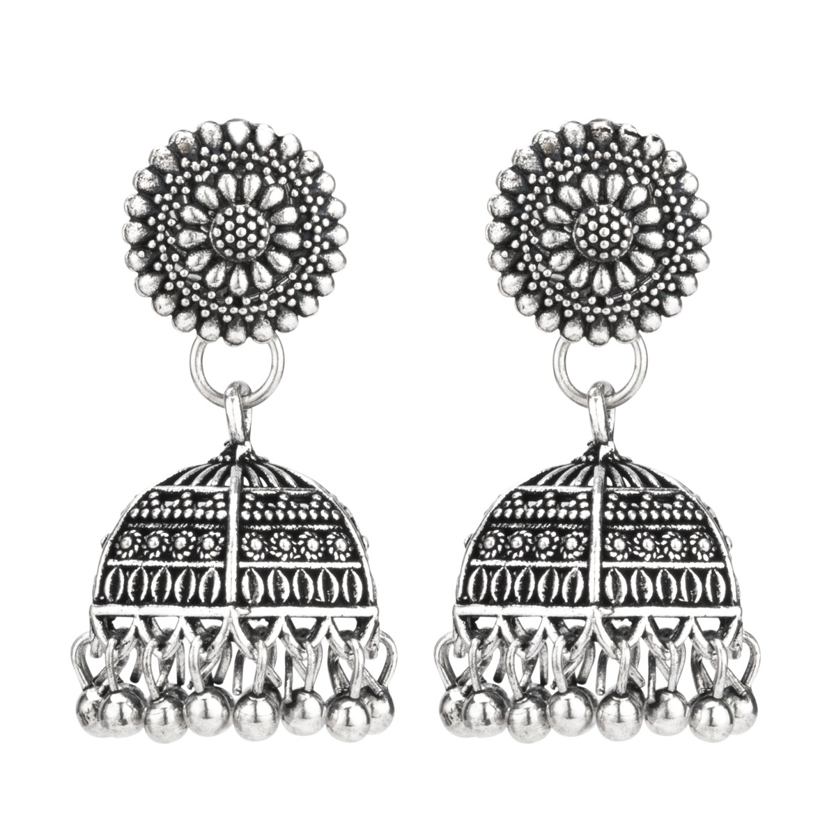 Dusk Silver Oxidised Jhumka Earrings