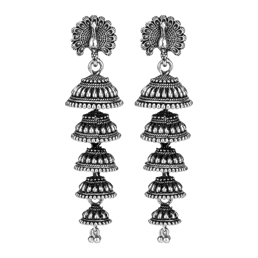 Peacock Multi-Tier Oxidised Silver Jhumka Earrings