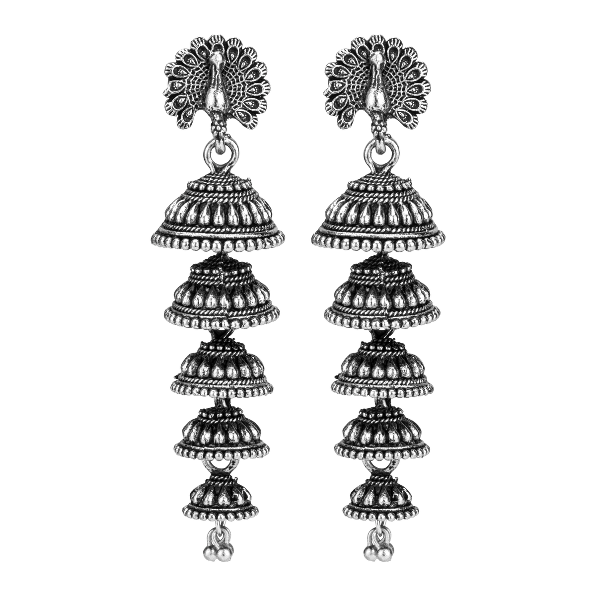 Peacock Multi-Tier Oxidised Silver Jhumka Earrings