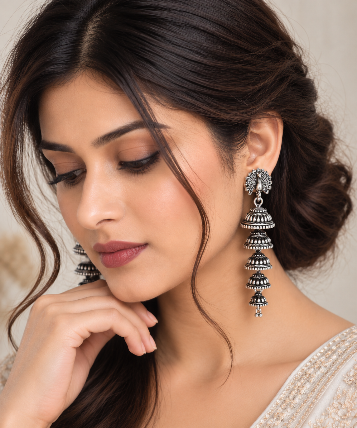 Peacock Multi-Tier Oxidised Silver Jhumka Earrings