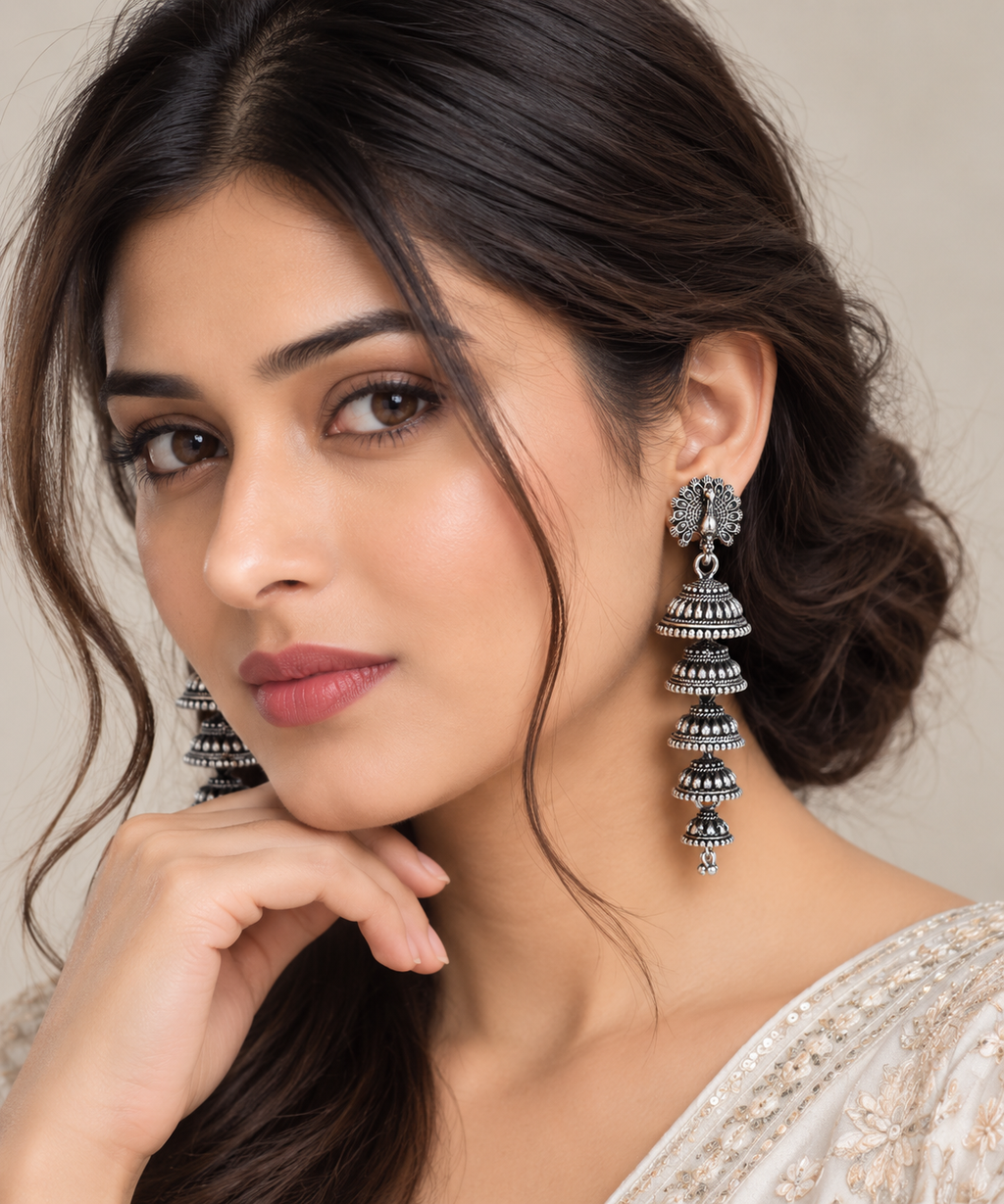 Peacock Multi-Tier Oxidised Silver Jhumka Earrings