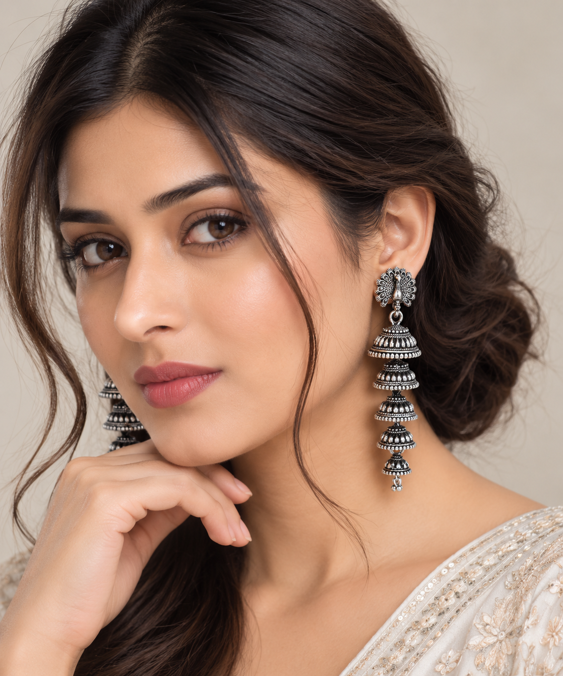 Peacock Multi-Tier Oxidised Silver Jhumka Earrings