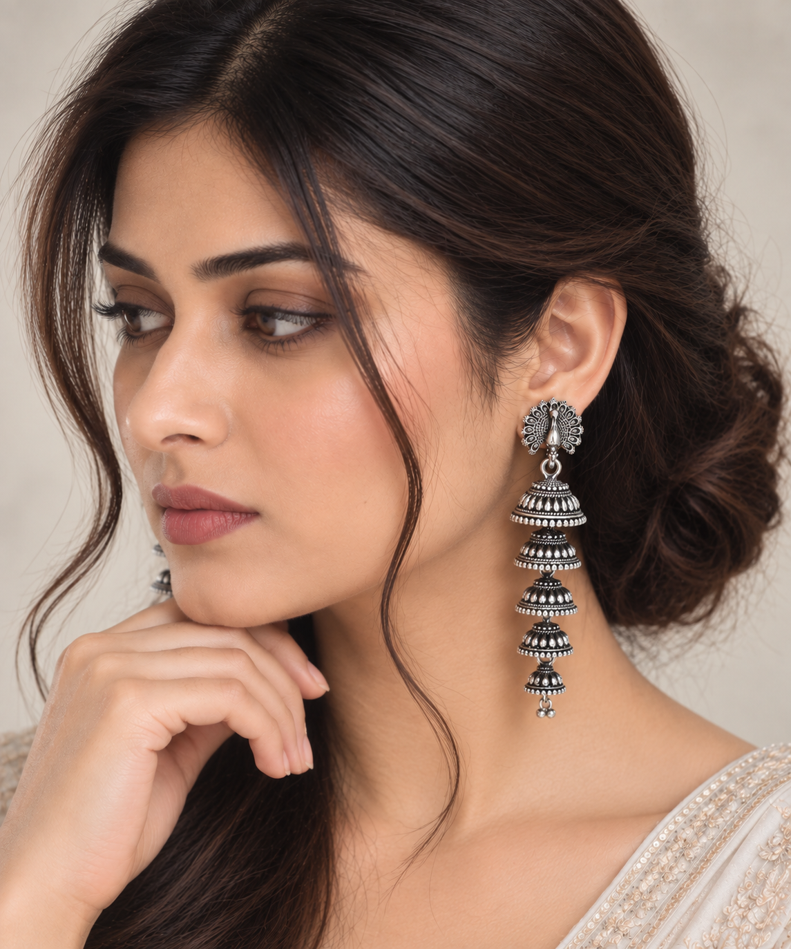 Peacock Multi-Tier Oxidised Silver Jhumka Earrings