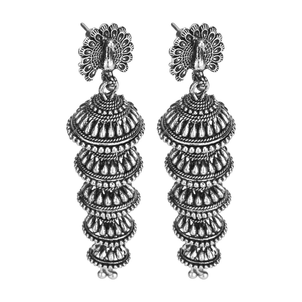 Peacock Multi-Tier Oxidised Silver Jhumka Earrings