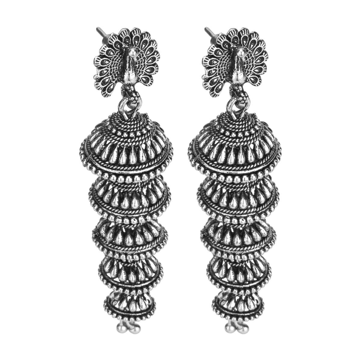 Peacock Multi-Tier Oxidised Silver Jhumka Earrings