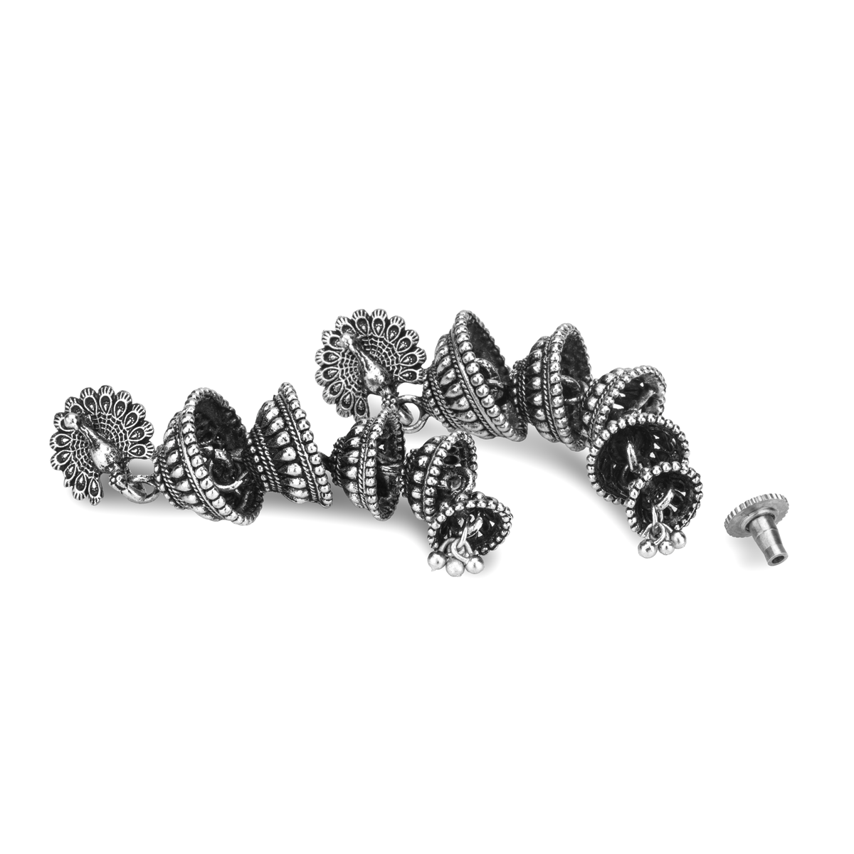 Peacock Multi-Tier Oxidised Silver Jhumka Earrings