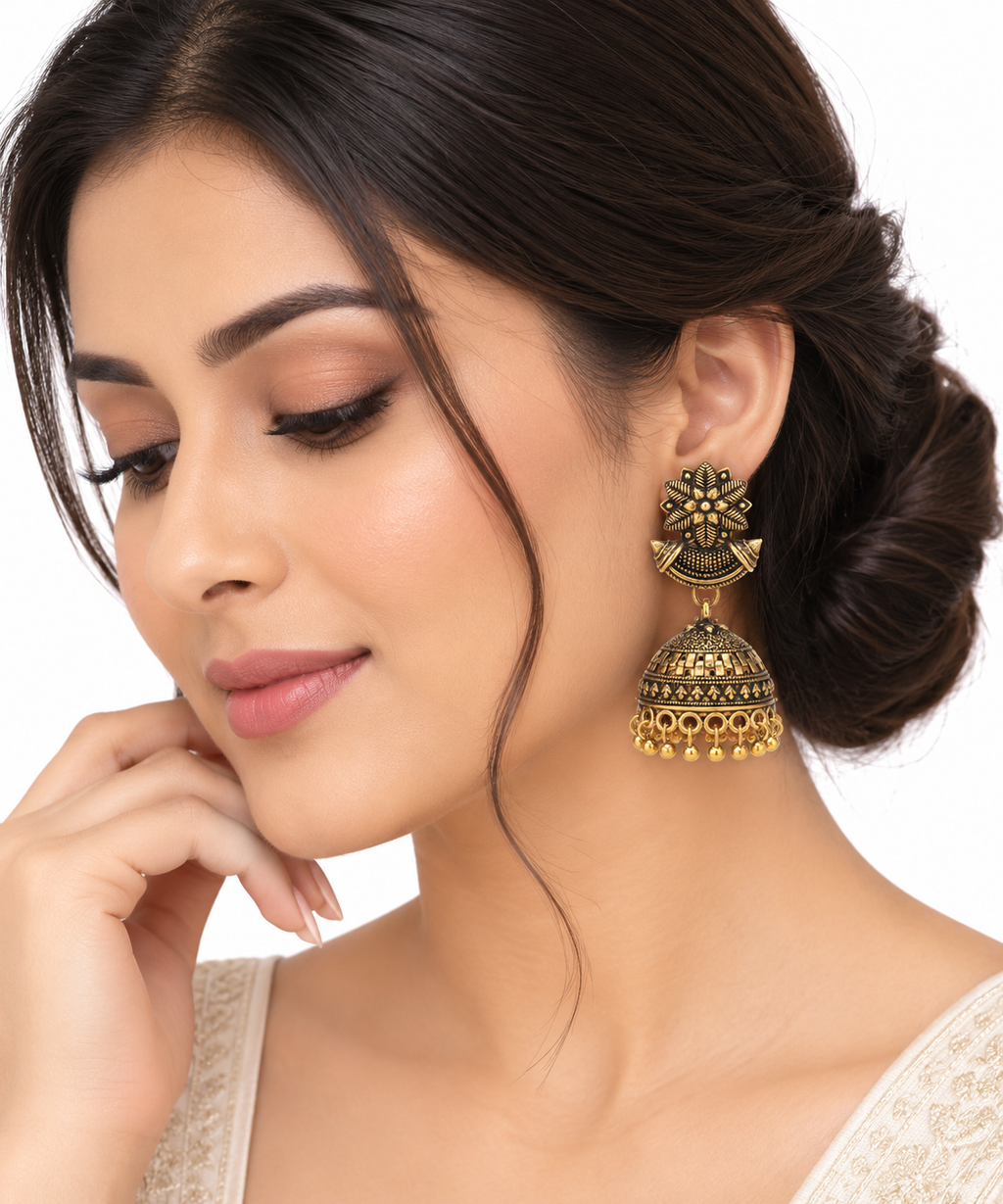 Ember Antique Gold Oxidised Jhumka Earrings
