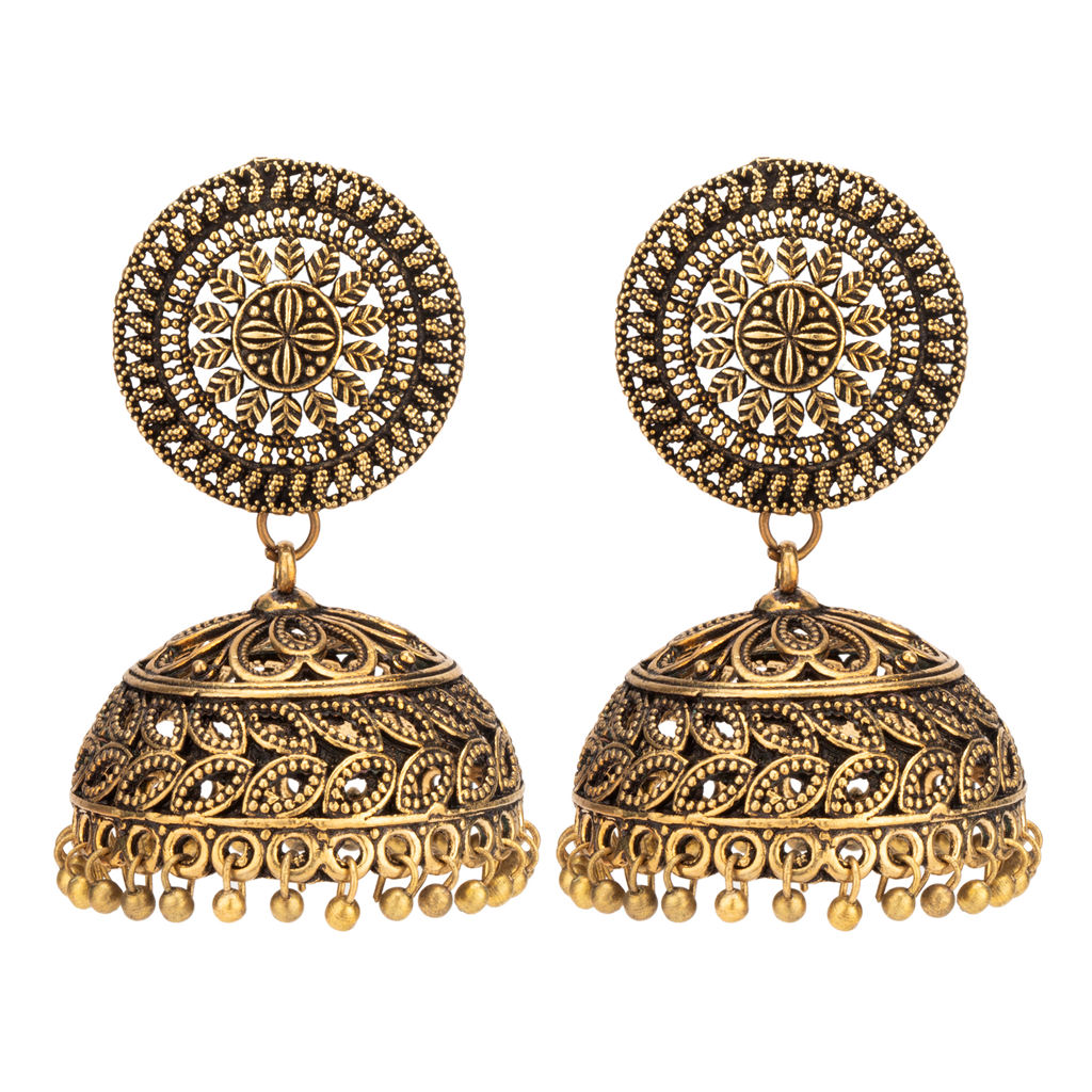 Aura Antique Gold Oxidised Jhumka Earrings