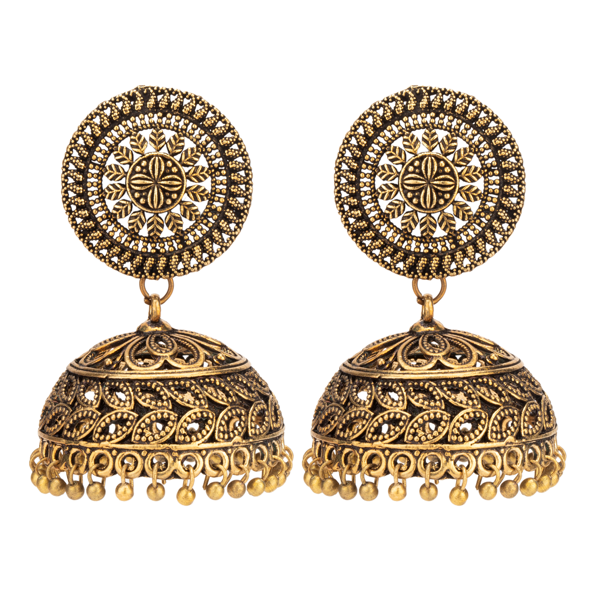 Aura Antique Gold Oxidised Jhumka Earrings