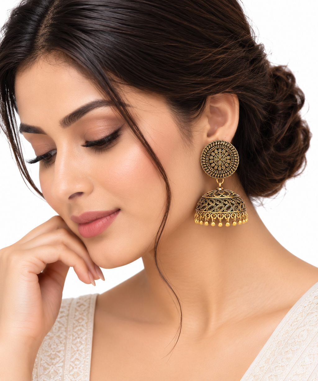 Aura Antique Gold Oxidised Jhumka Earrings