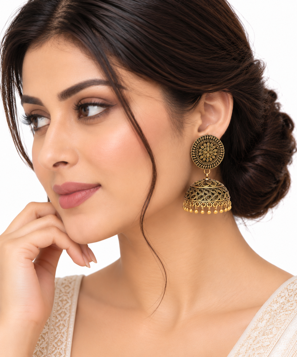 Aura Antique Gold Oxidised Jhumka Earrings