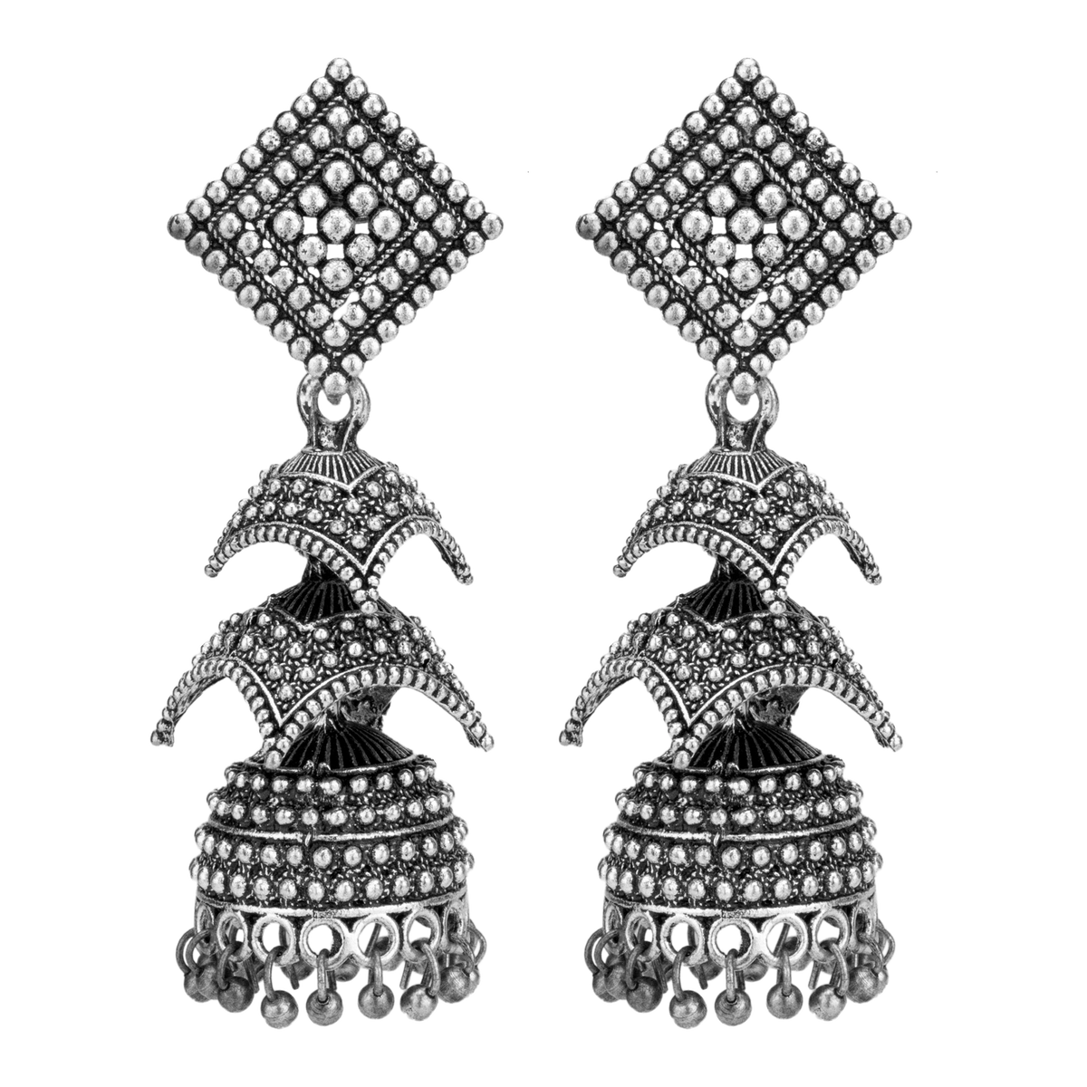 Celeste Silver Oxidised Layered Jhumka Earrings