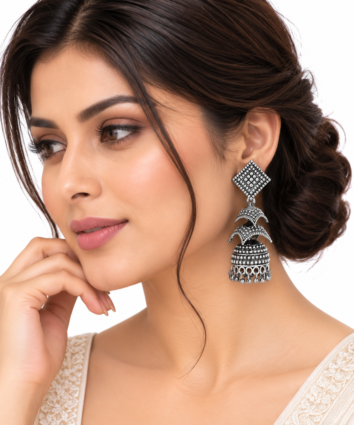 Celeste Silver Oxidised Layered Jhumka Earrings