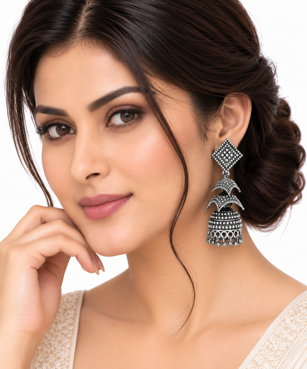 Celeste Silver Oxidised Layered Jhumka Earrings