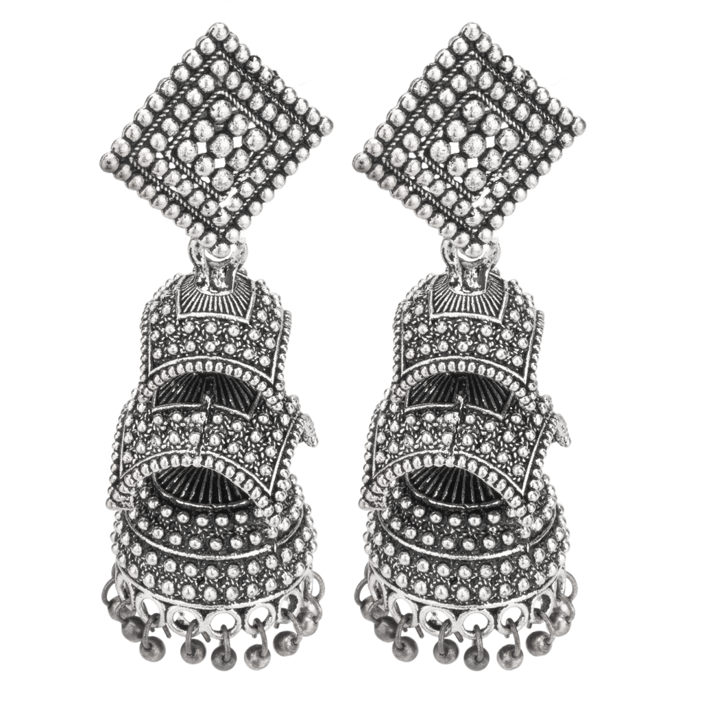 Celeste Silver Oxidised Layered Jhumka Earrings