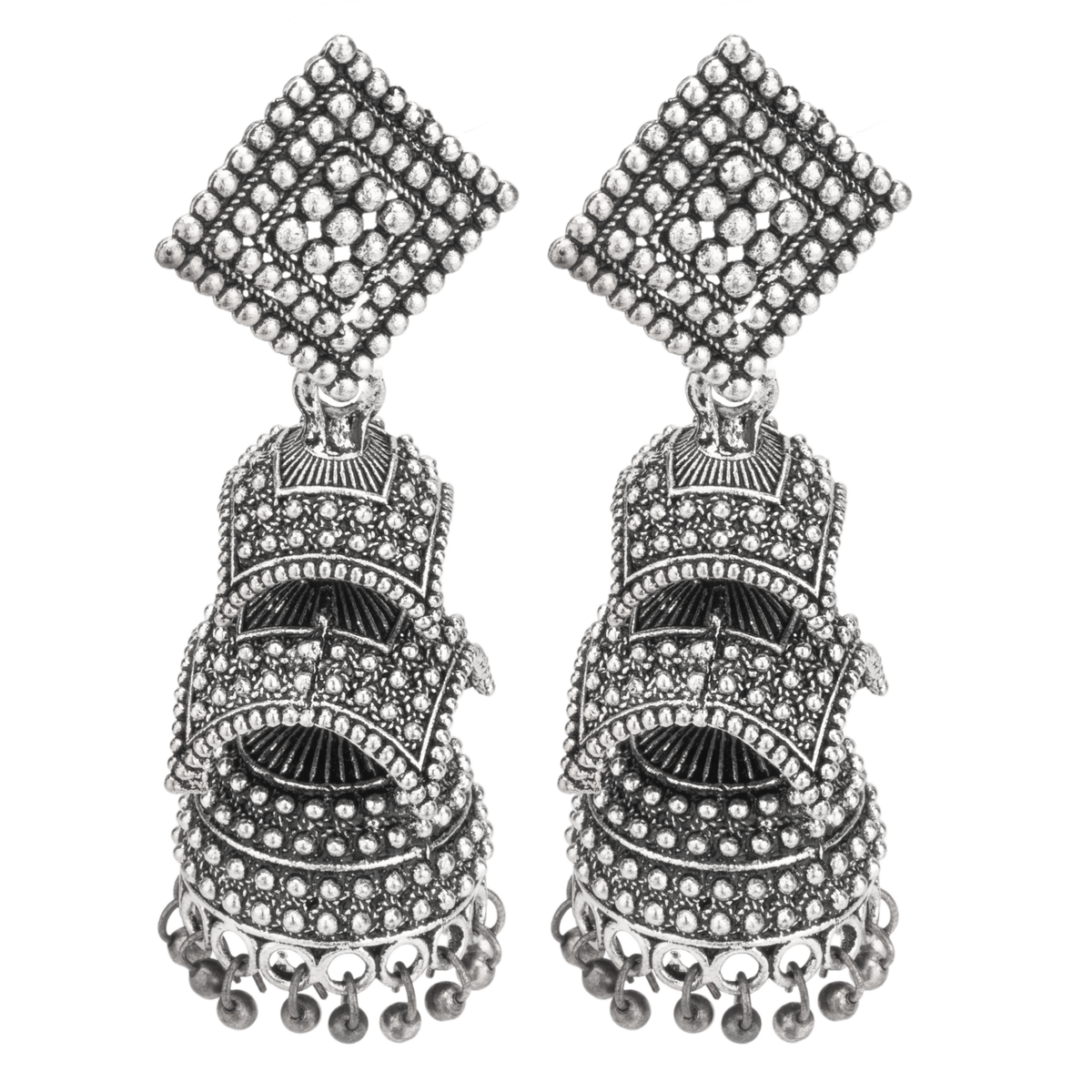 Celeste Silver Oxidised Layered Jhumka Earrings
