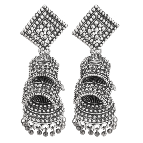 Celeste Silver Oxidised Layered Jhumka Earrings