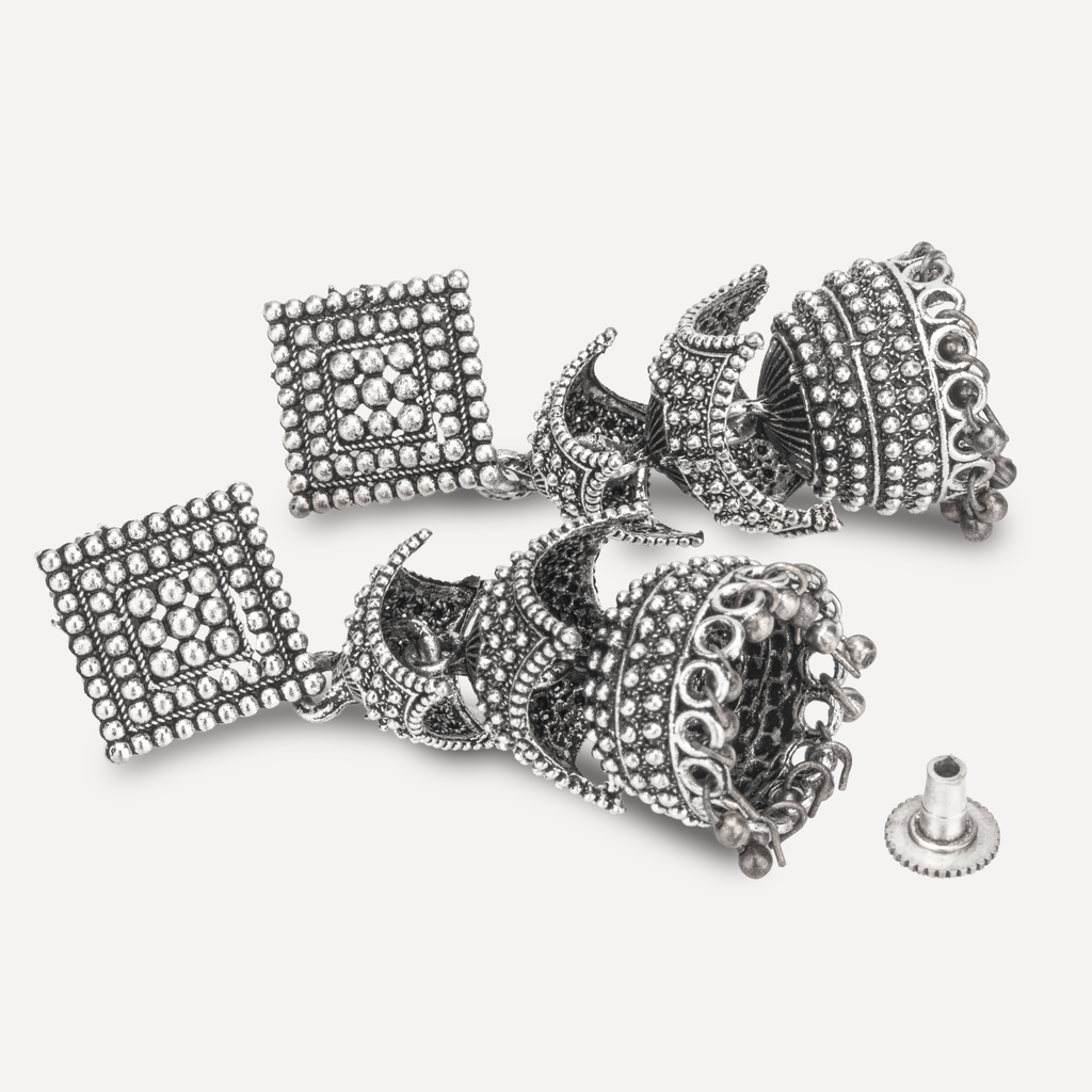 Celeste Silver Oxidised Layered Jhumka Earrings