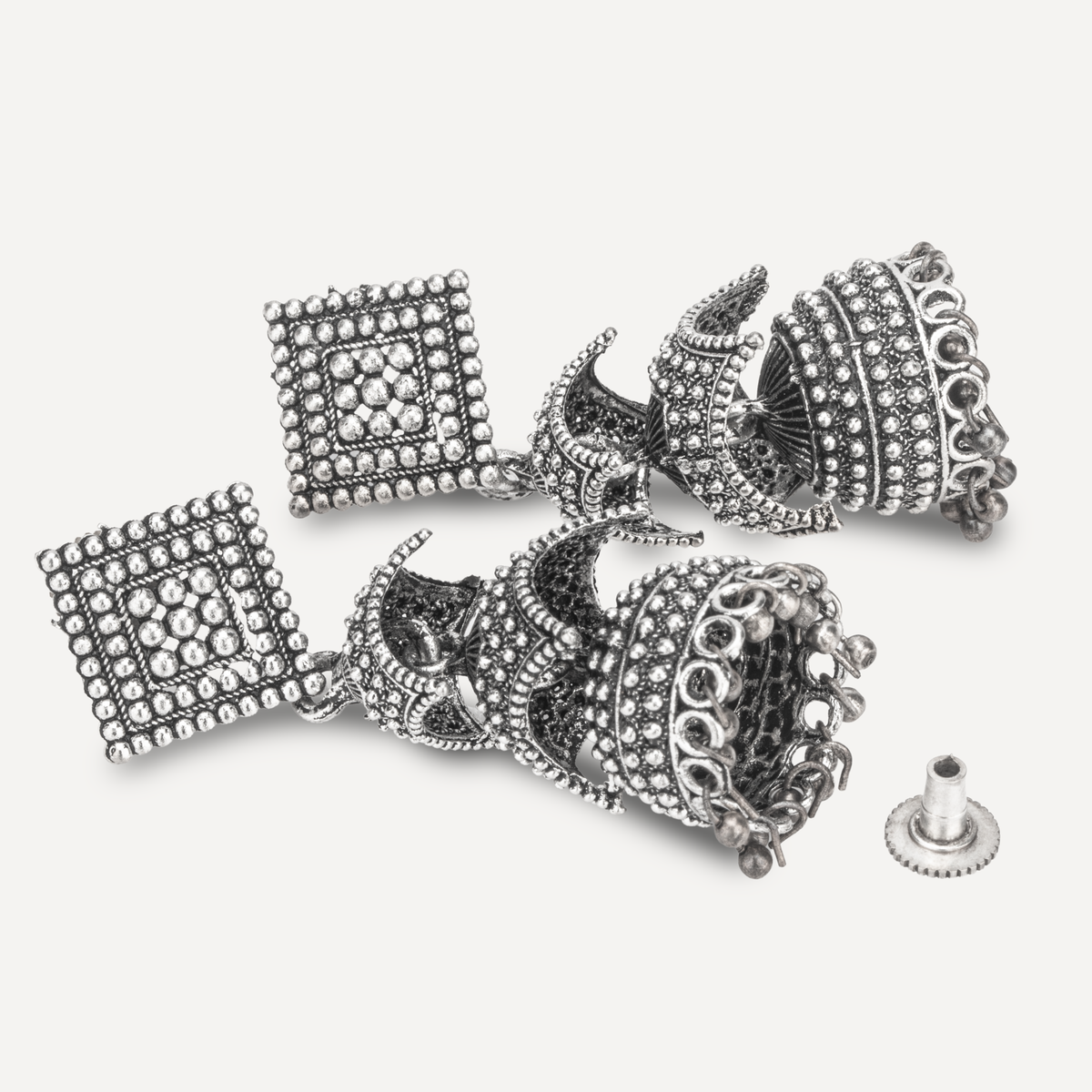 Celeste Silver Oxidised Layered Jhumka Earrings