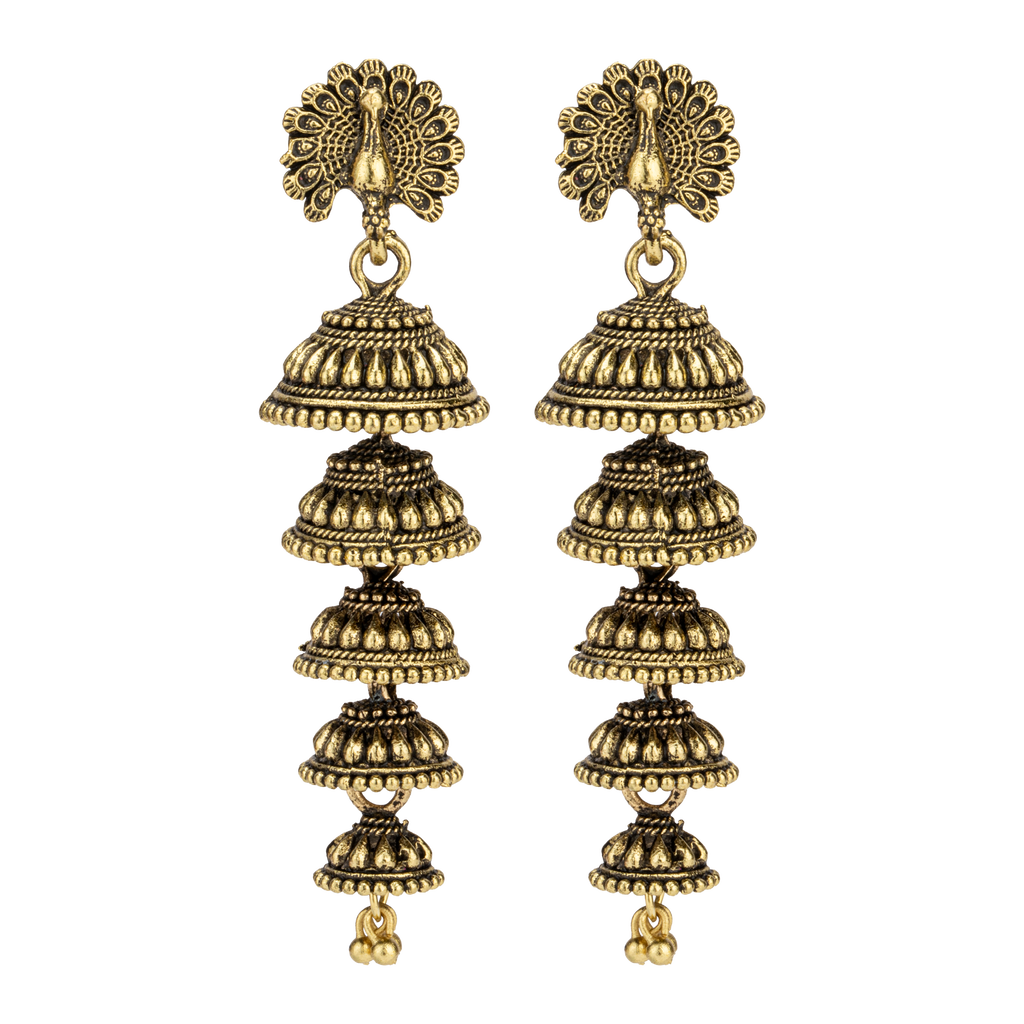 Regal Antique Gold Five-Tier Jhumka Earrings