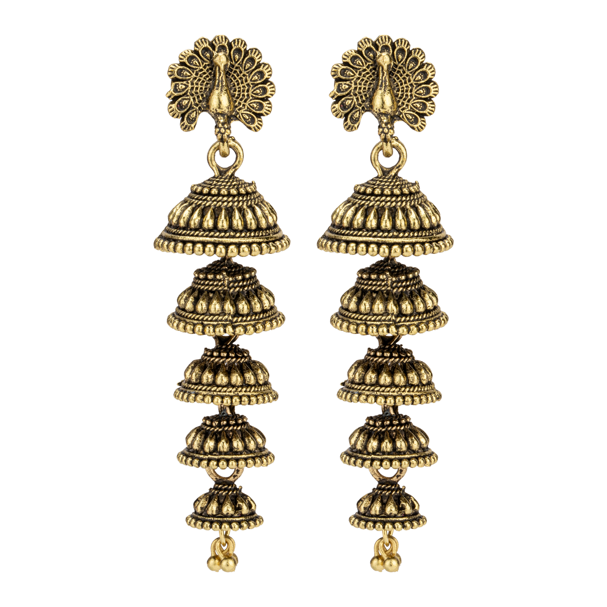 Regal Antique Gold Five-Tier Jhumka Earrings