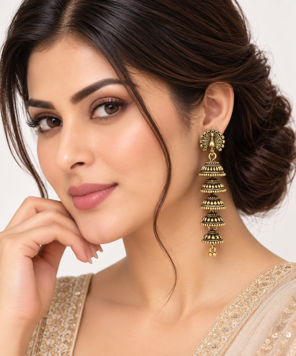 Regal Antique Gold Five-Tier Jhumka Earrings