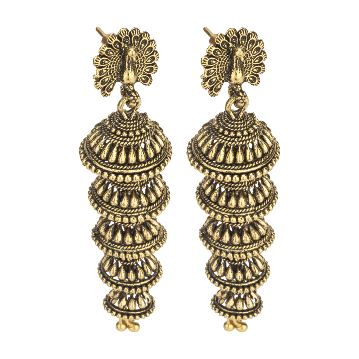 Regal Antique Gold Five-Tier Jhumka Earrings