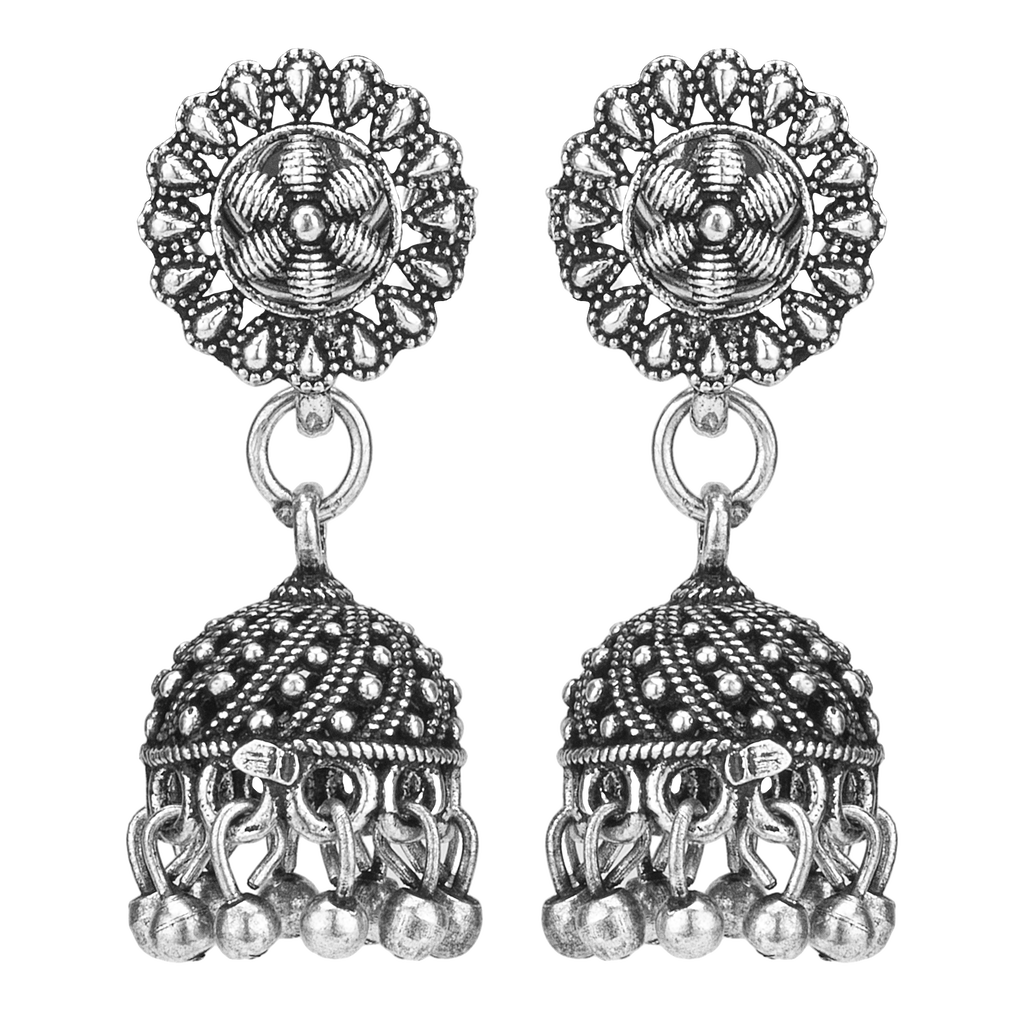 Aura Silver Oxidised Floral Jhumka Earrings