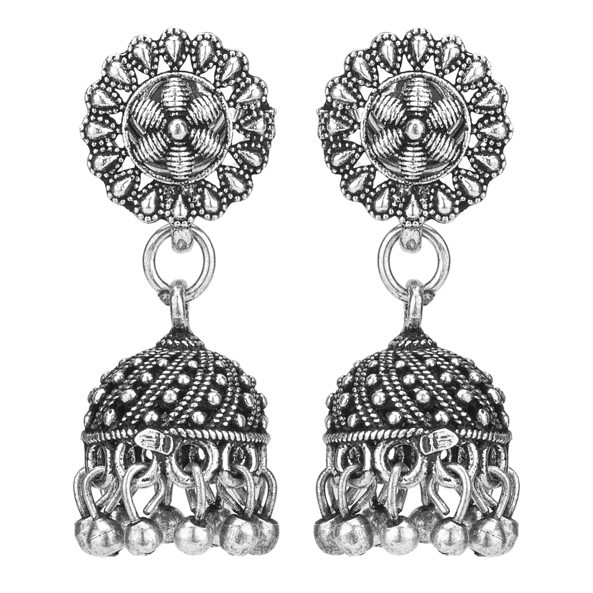 Aura Silver Oxidised Floral Jhumka Earrings