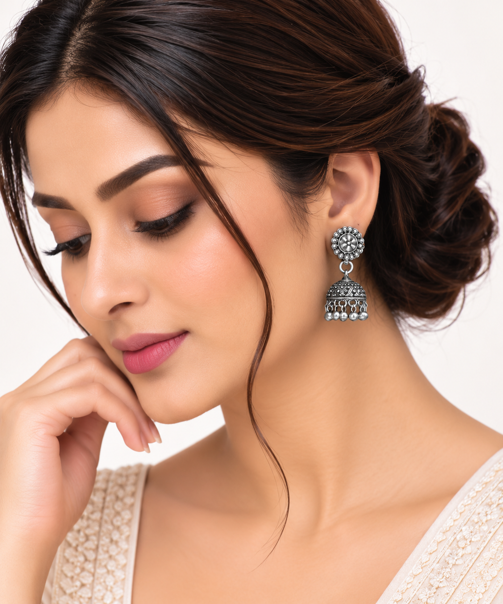 Aura Silver Oxidised Floral Jhumka Earrings