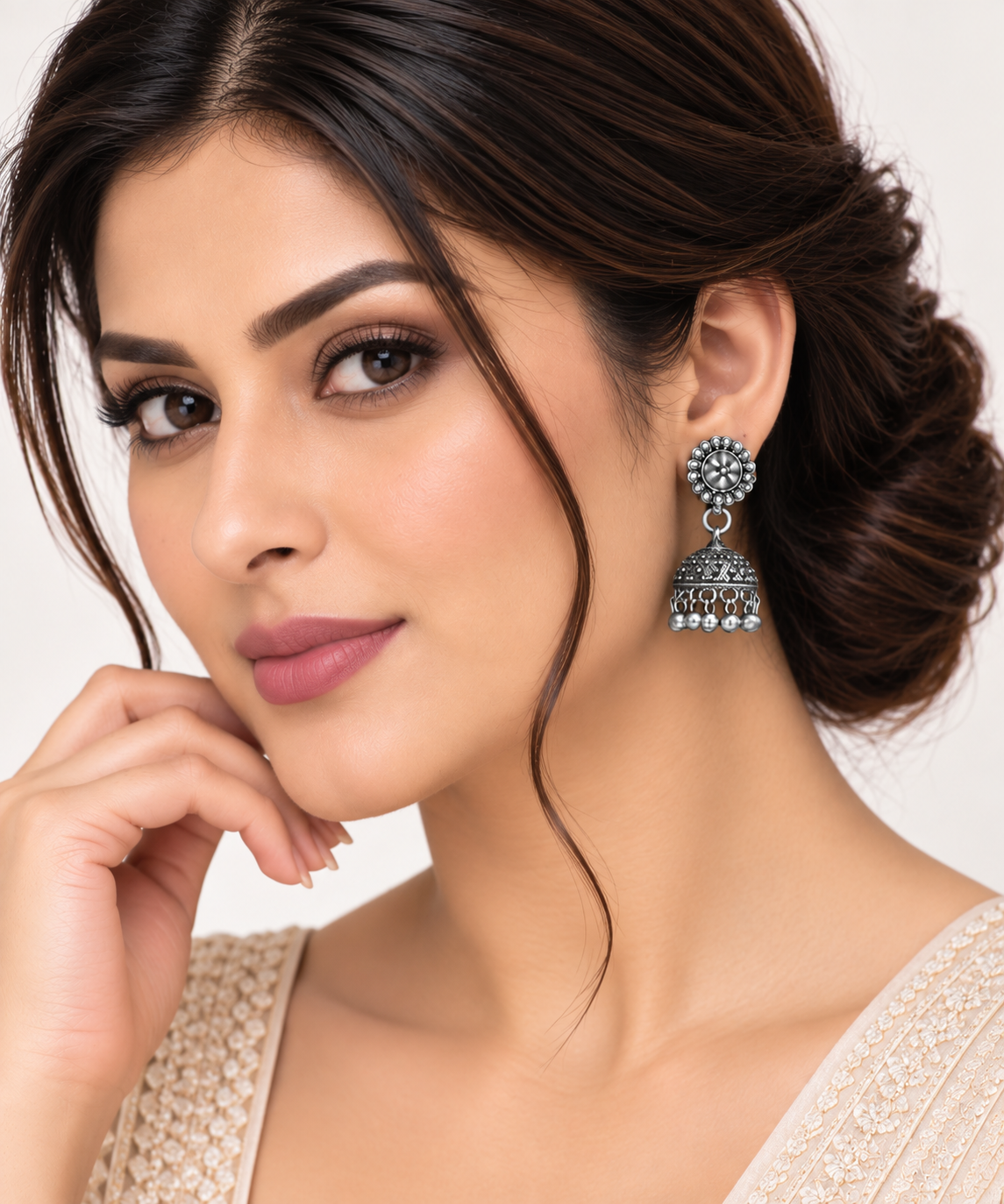 Aura Silver Oxidised Floral Jhumka Earrings