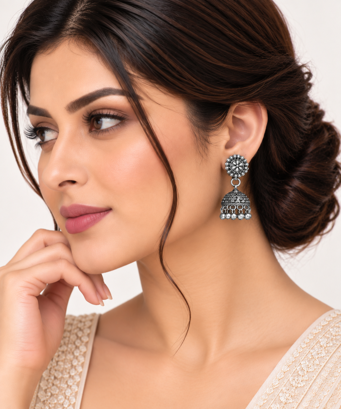 Aura Silver Oxidised Floral Jhumka Earrings