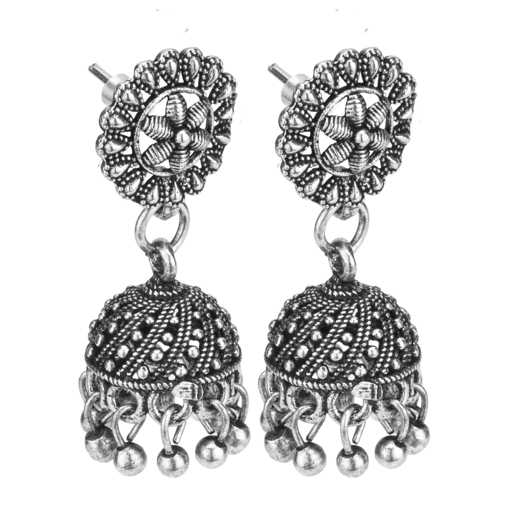 Aura Silver Oxidised Floral Jhumka Earrings