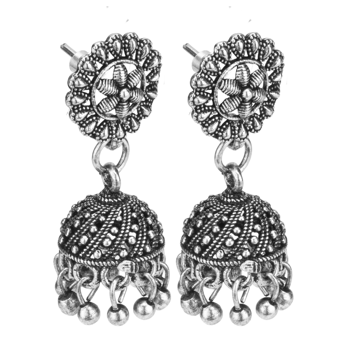 Aura Silver Oxidised Floral Jhumka Earrings