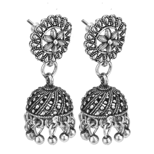 Aura Silver Oxidised Floral Jhumka Earrings