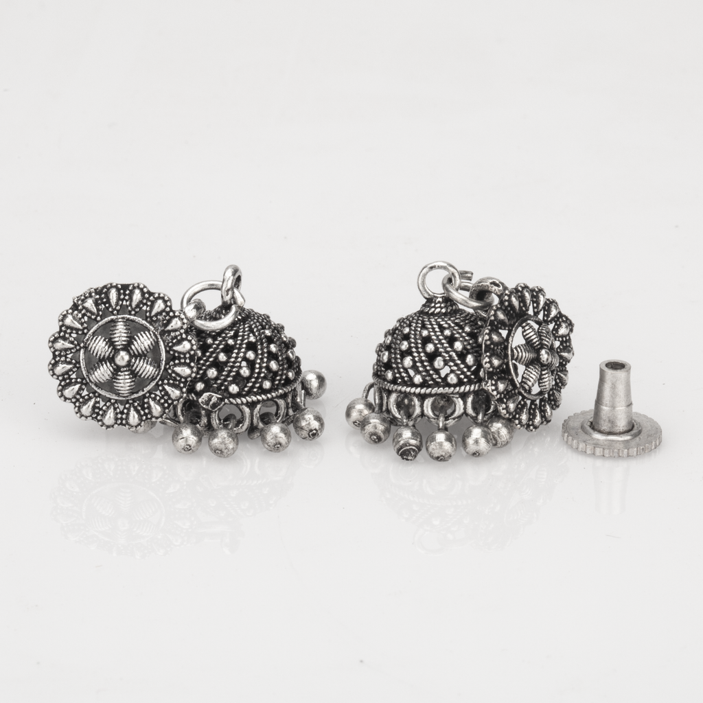 Aura Silver Oxidised Floral Jhumka Earrings