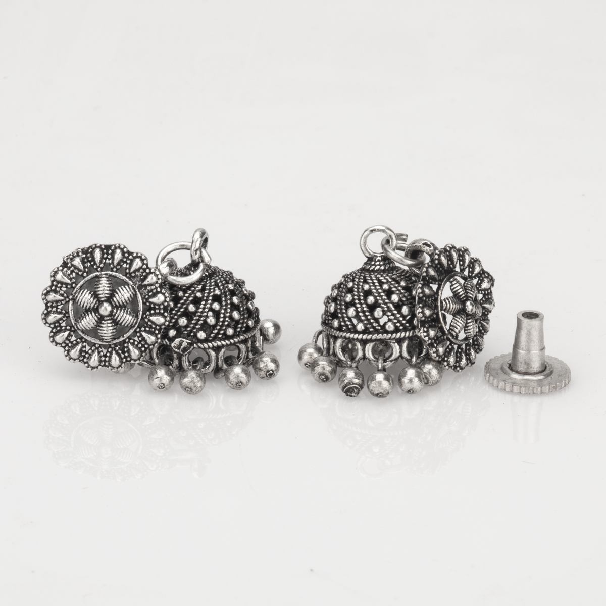 Aura Silver Oxidised Floral Jhumka Earrings