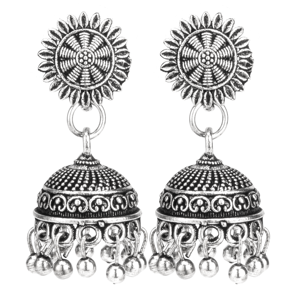 Aarohi Silver Oxidised Layered Jhumka Earrings