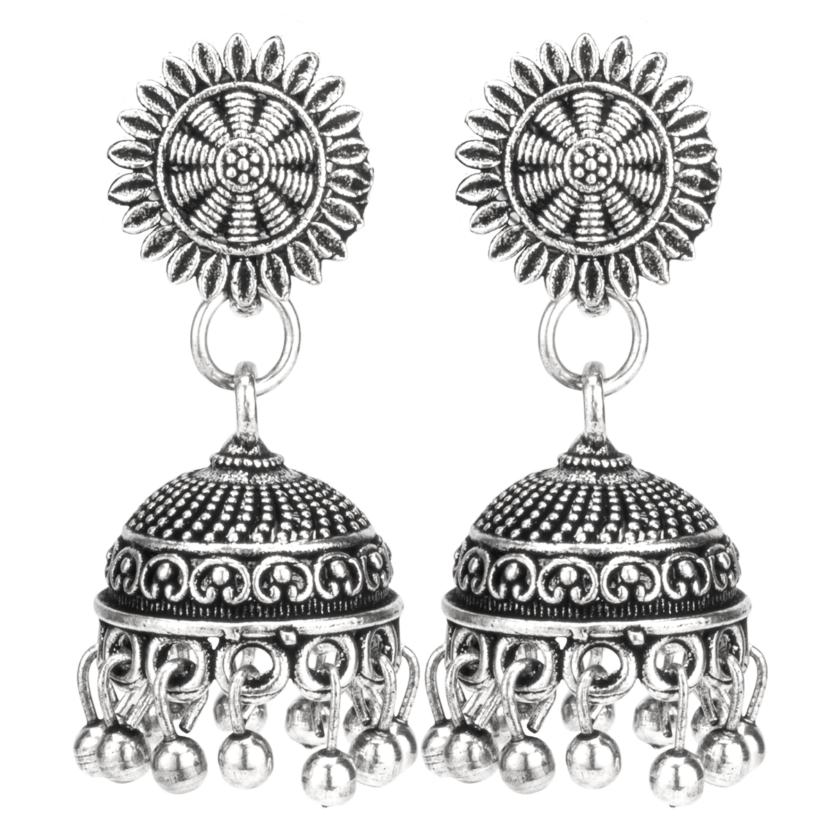 Aarohi Silver Oxidised Layered Jhumka Earrings