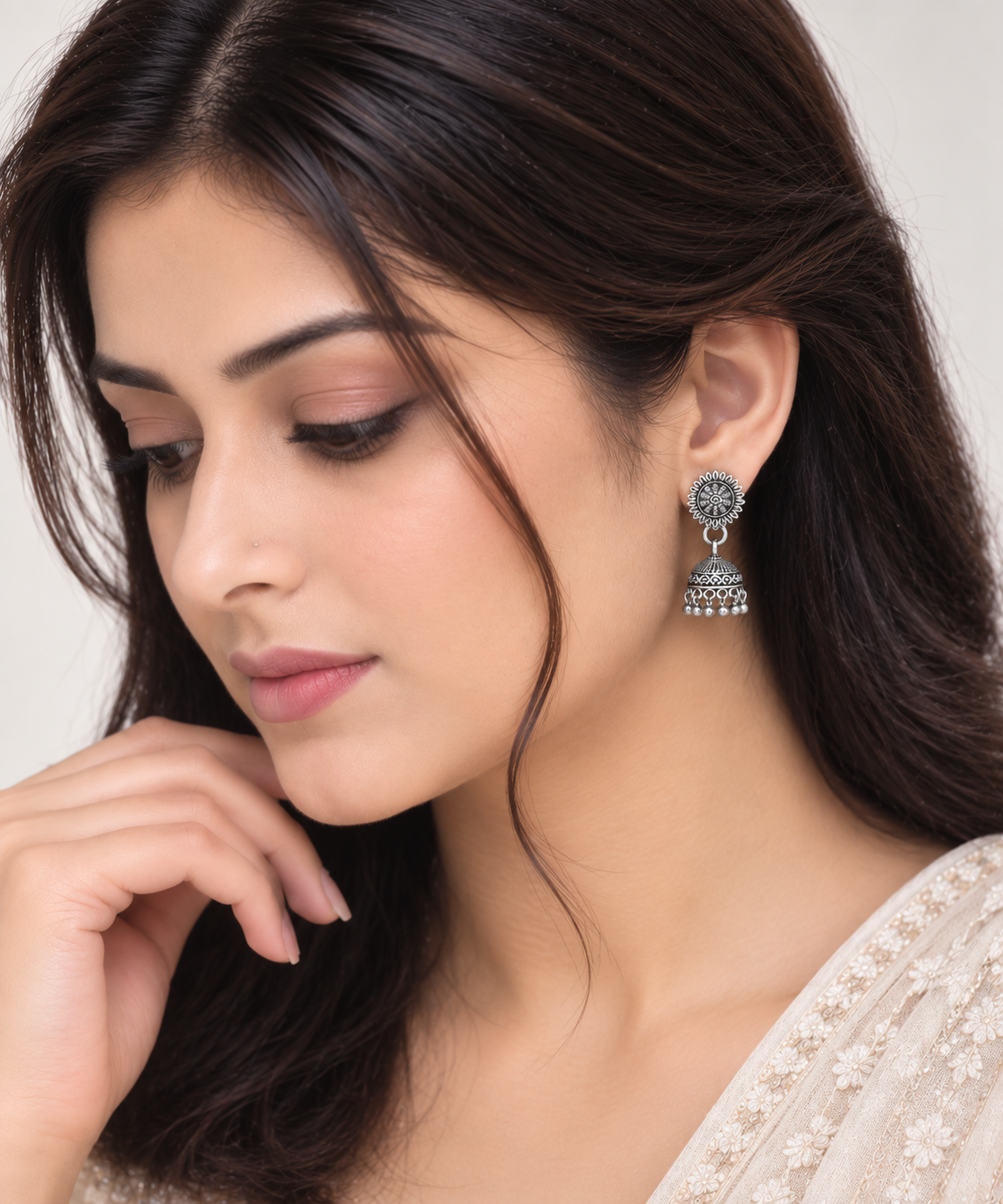 Aarohi Silver Oxidised Layered Jhumka Earrings