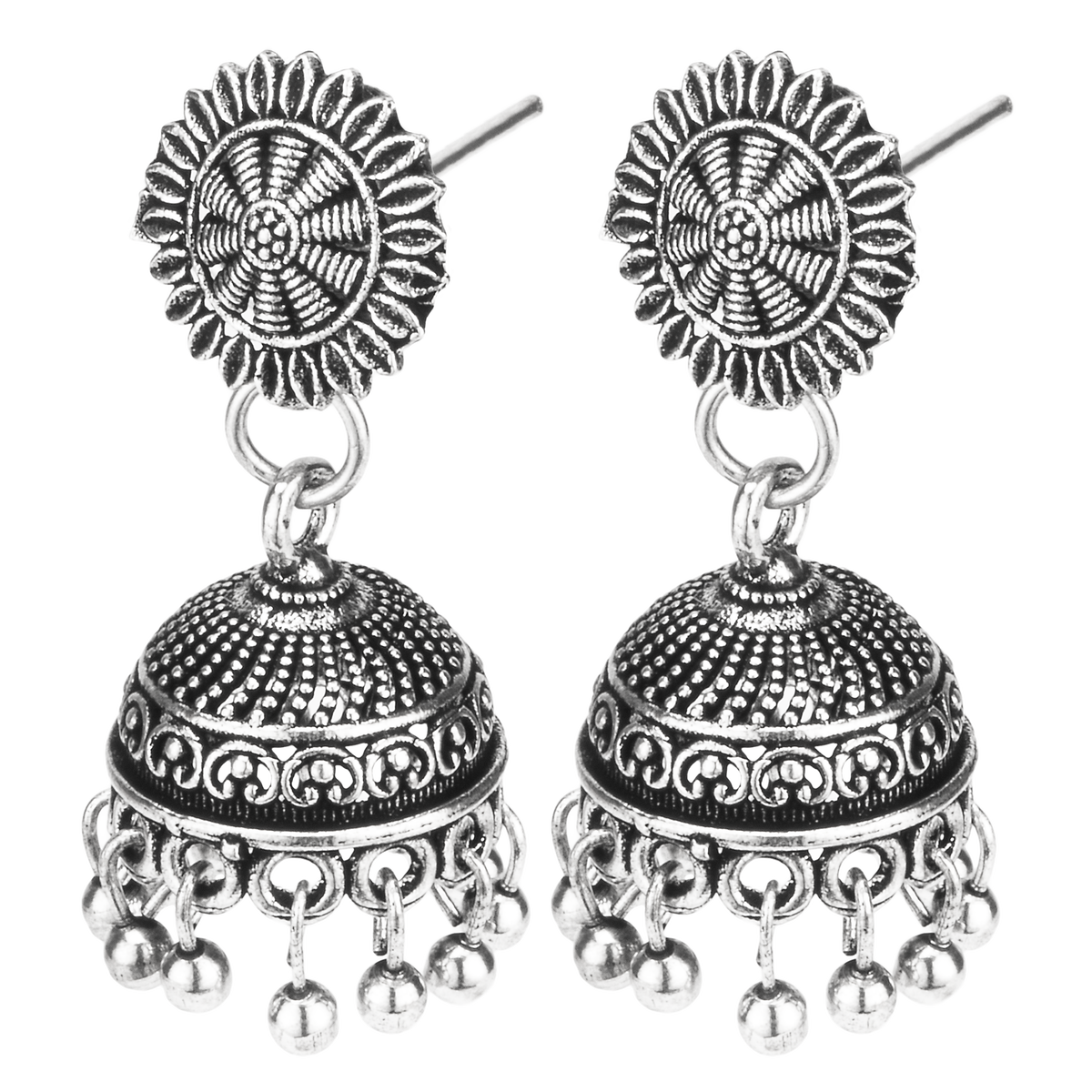 Aarohi Silver Oxidised Layered Jhumka Earrings