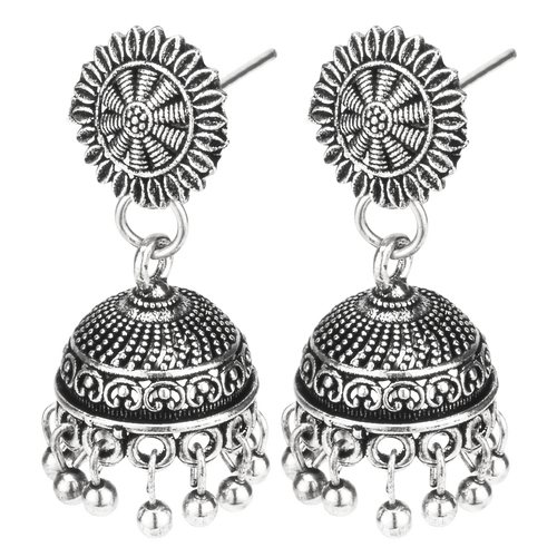 Aarohi Silver Oxidised Layered Jhumka Earrings