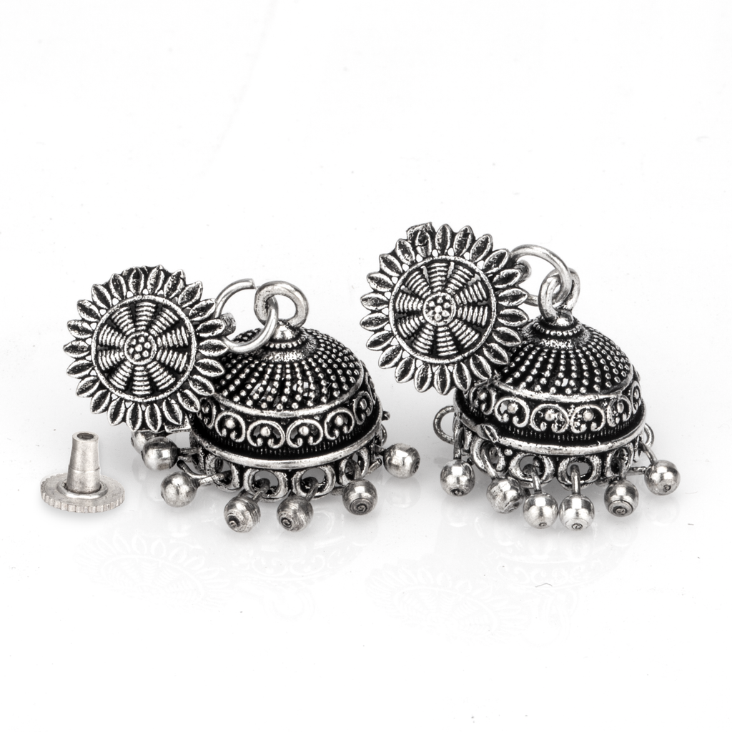 Aarohi Silver Oxidised Layered Jhumka Earrings