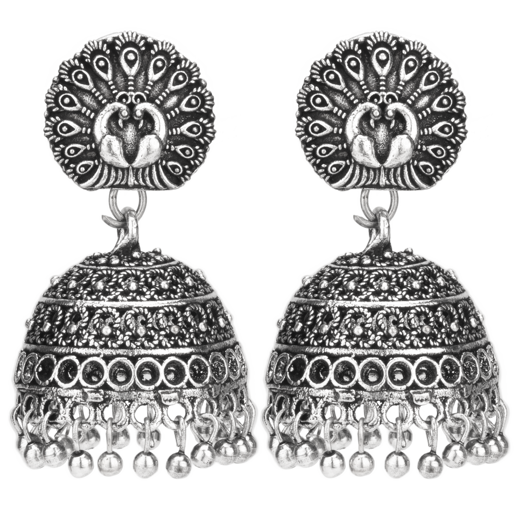 Peacock Oxidised Silver Jhumka Earrings – Traditional Statement Jewellery