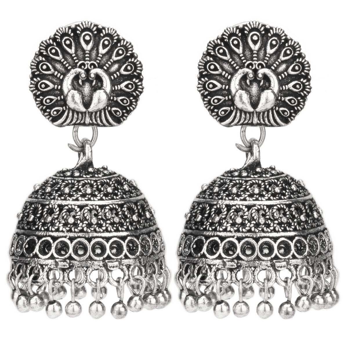 Peacock Oxidised Silver Jhumka Earrings – Traditional Statement Jewellery