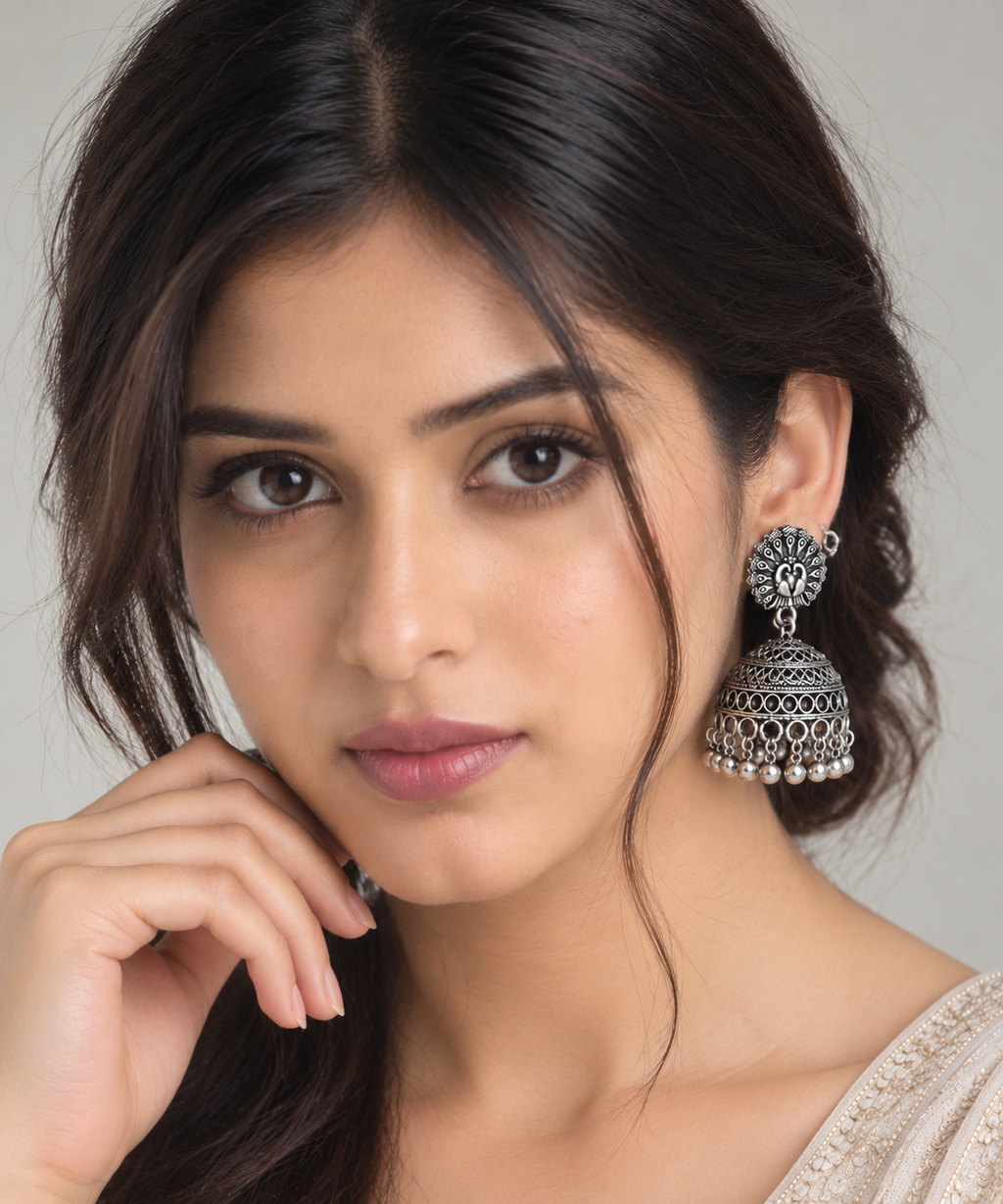 Peacock Oxidised Silver Jhumka Earrings – Traditional Statement Jewellery