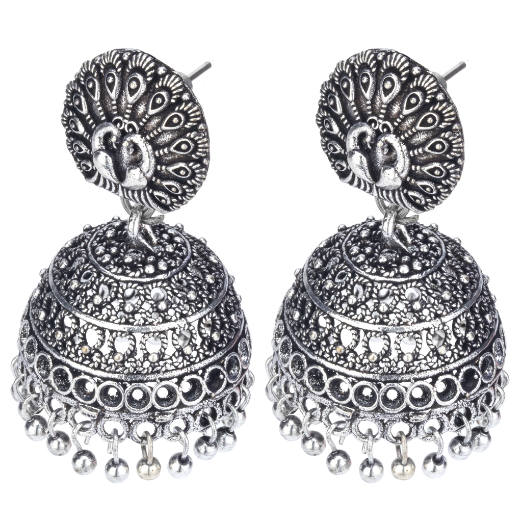 Peacock Oxidised Silver Jhumka Earrings – Traditional Statement Jewellery