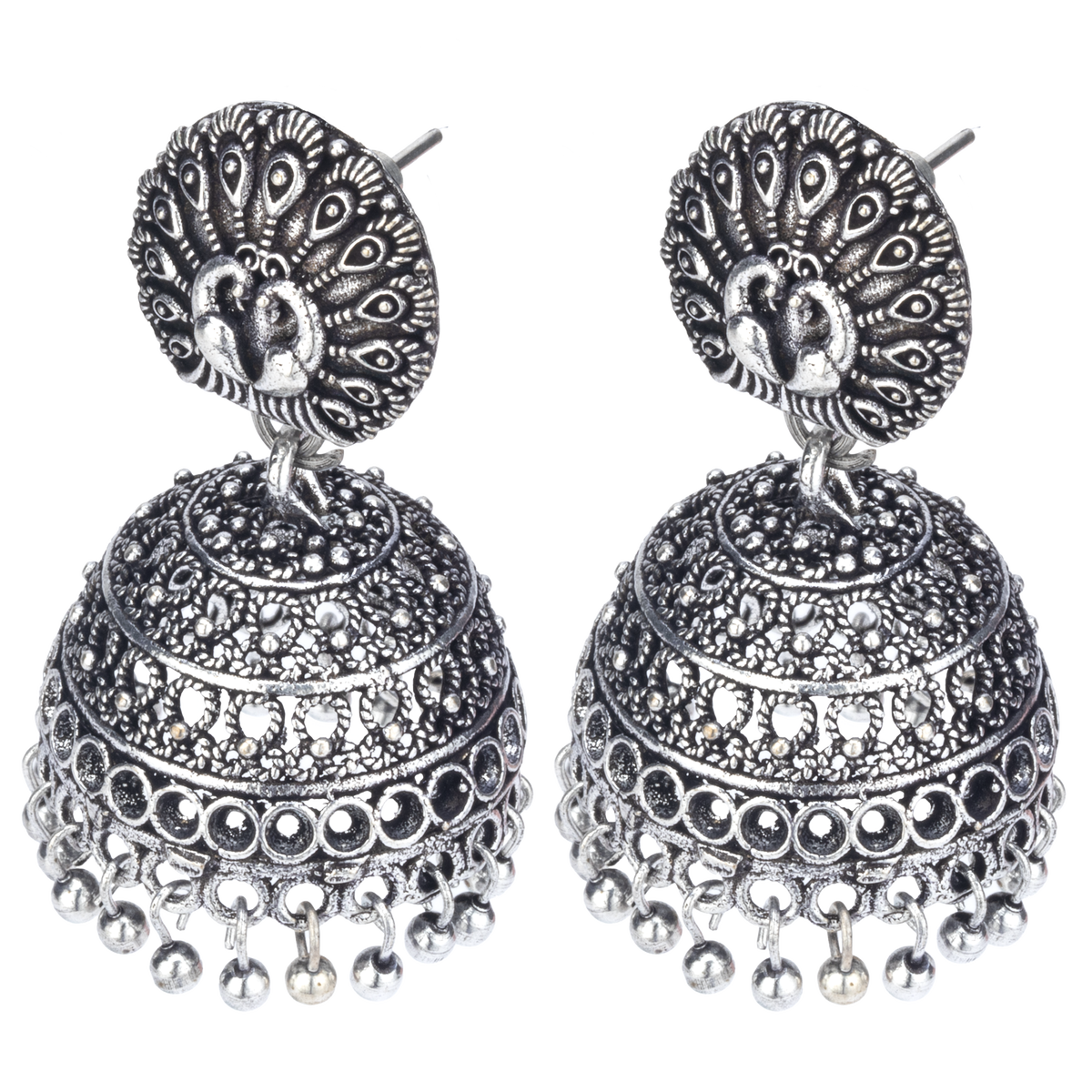 Peacock Oxidised Silver Jhumka Earrings – Traditional Statement Jewellery