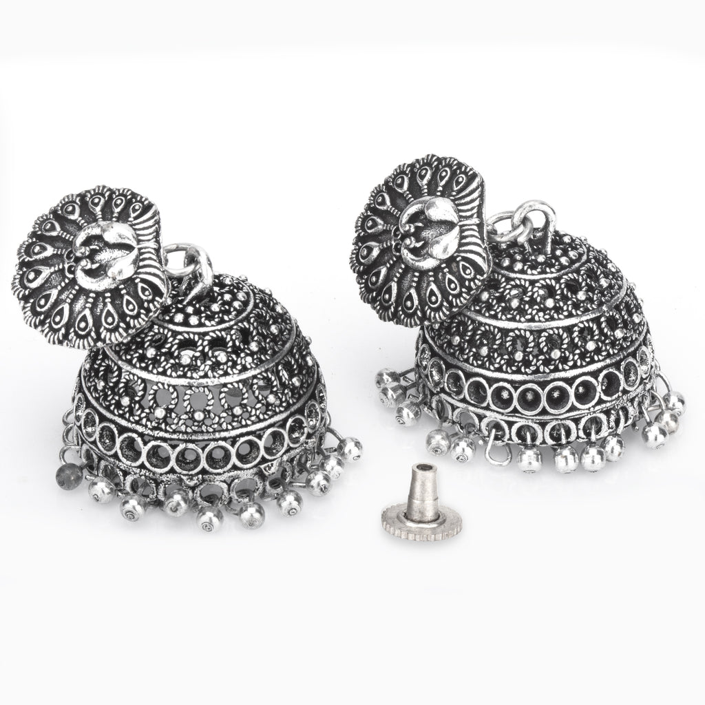 Peacock Oxidised Silver Jhumka Earrings – Traditional Statement Jewellery
