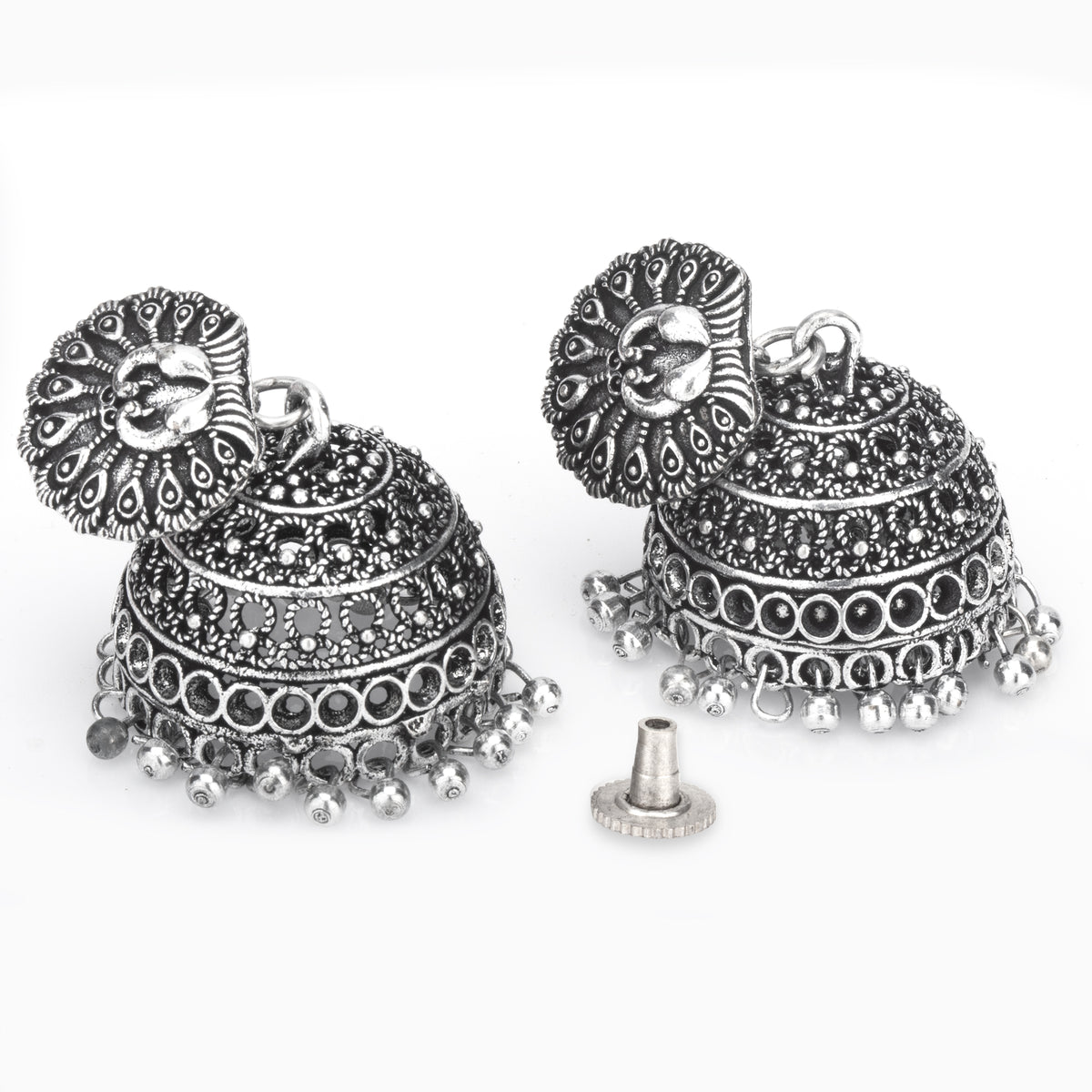 Peacock Oxidised Silver Jhumka Earrings – Traditional Statement Jewellery